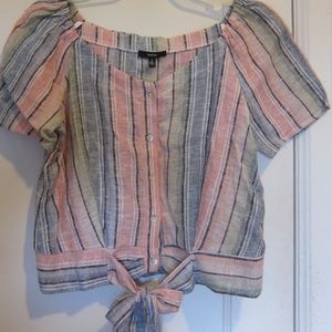 Short sleeve pastel striped blouse with front tie